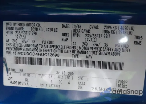 2017 Ford Escape Se z USA, uszkodzony, nr VIN 1FMCU0GD4HUC12698